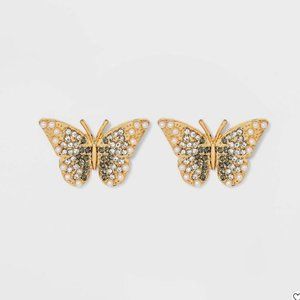 SUGARFIX by BaubleBar Crystal Wings Butterfly Stud Statement Earrings -Gold, NWT